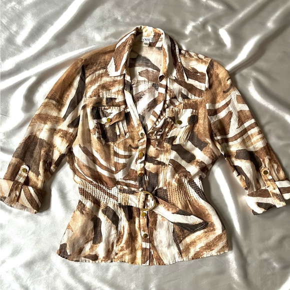 Cache Brown Semi-Sheer Animal Print Linen Blend Blouse - Size Small - Picture 2 of 14